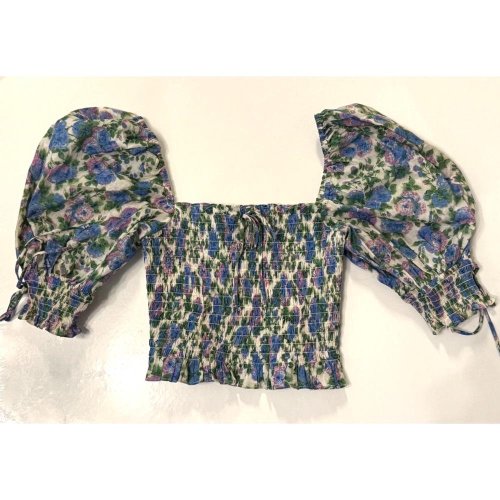 For Love and Lemons size XS Bridget Floral Crop Smocked Top Puff Sleeve Summer